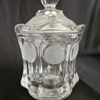 Three pieces of Fostoria glassware candy dish and Fostoria crystal pedestal dish and Fostoria Ashtray
