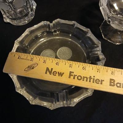 Three pieces of Fostoria glassware candy dish and Fostoria crystal pedestal dish and Fostoria Ashtray