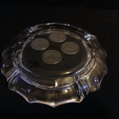 Three pieces of Fostoria glassware candy dish and Fostoria crystal pedestal dish and Fostoria Ashtray
