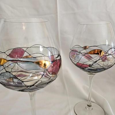 Set of 6 EUROGLASS made in Romanian Handmade - Mouth blowed Mosaic-Stained Glass Balloon Wine Glasses