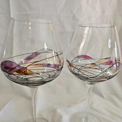 Set of 6 EUROGLASS made in Romanian Handmade - Mouth blowed Mosaic-Stained Glass Balloon Wine Glasses