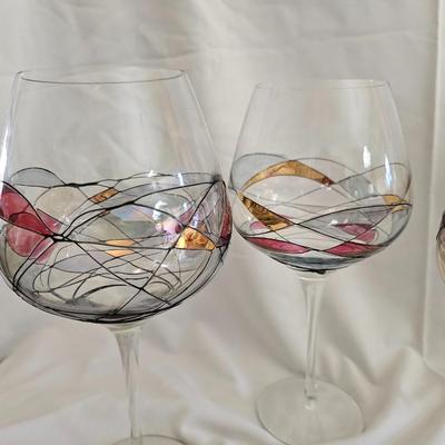 Set of 6 EUROGLASS made in Romanian Handmade - Mouth blowed Mosaic-Stained Glass Balloon Wine Glasses