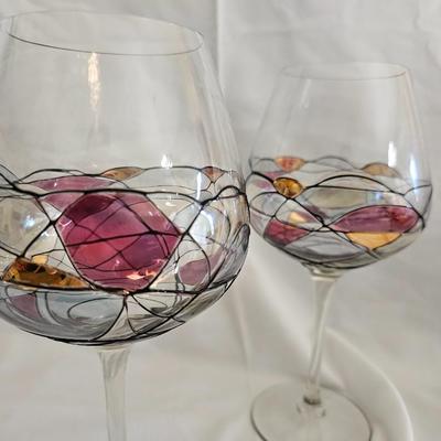 Set of 6 EUROGLASS made in Romanian Handmade - Mouth blowed Mosaic-Stained Glass Balloon Wine Glasses