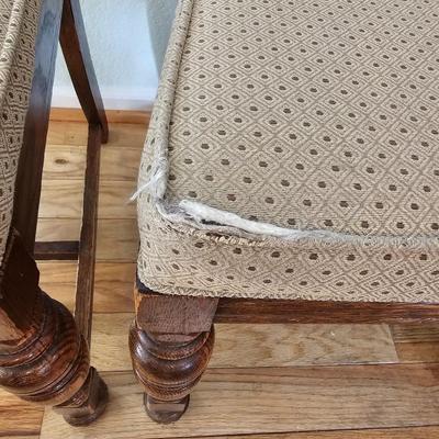 Antique English Jacobean Revival Oak table with pull out end leaves and six chairs