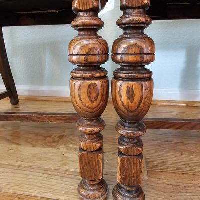 Antique English Jacobean Revival Oak table with pull out end leaves and six chairs