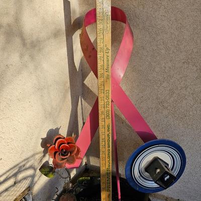 Large plastic flowerpot with metal rose metal pink breast cancer awreness ribbon and more