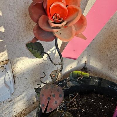 Large plastic flowerpot with metal rose metal pink breast cancer awreness ribbon and more