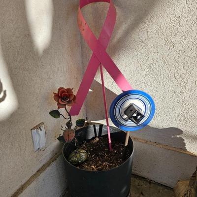 Large plastic flowerpot with metal rose metal pink breast cancer awreness ribbon and more