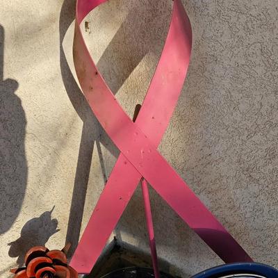 Large plastic flowerpot with metal rose metal pink breast cancer awreness ribbon and more
