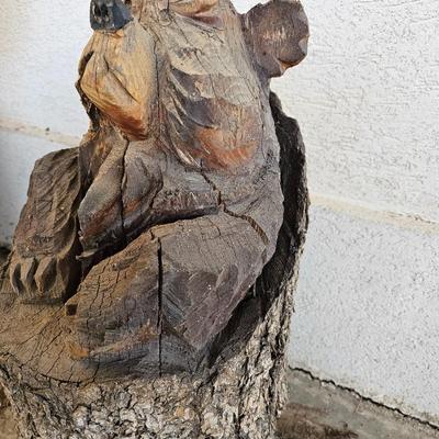20" tall Adorable wood carved bear in a log