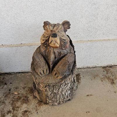 20" tall Adorable wood carved bear in a log