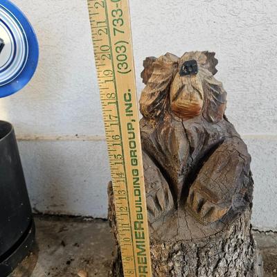 20" tall Adorable wood carved bear in a log