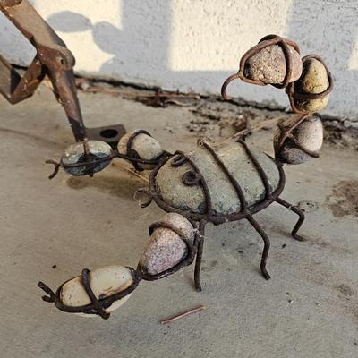 Yard & Garden art Metal Rustic wide mouth frog with unique Rock and metal made Scorpion