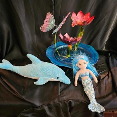 Electric flower garden fountain with TY dolphin and a mermaid