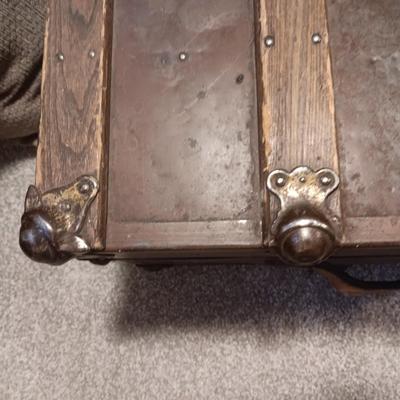 ANTIQUE METAL WITH WOOD SLATS TRUNK PLUS AN OVERSIZED THROW PILLOW