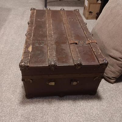ANTIQUE METAL WITH WOOD SLATS TRUNK PLUS AN OVERSIZED THROW PILLOW