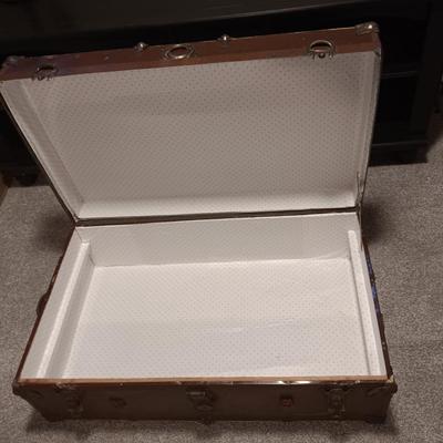ANTIQUE METAL WITH WOOD SLATS TRUNK PLUS AN OVERSIZED THROW PILLOW