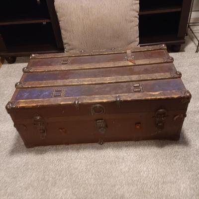 ANTIQUE METAL WITH WOOD SLATS TRUNK PLUS AN OVERSIZED THROW PILLOW