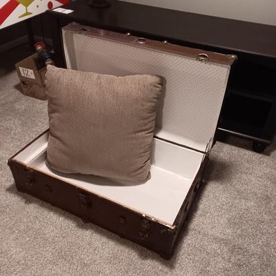 ANTIQUE METAL WITH WOOD SLATS TRUNK PLUS AN OVERSIZED THROW PILLOW