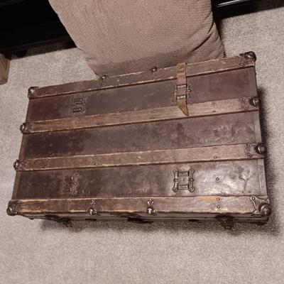 ANTIQUE METAL WITH WOOD SLATS TRUNK PLUS AN OVERSIZED THROW PILLOW