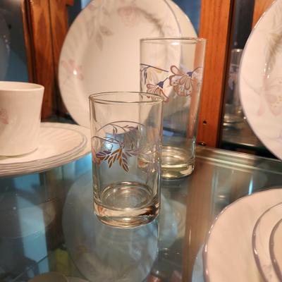 46 pcs Corelle by Corning Pink Trio 5 pc Setting for 6 + Matching Glasses