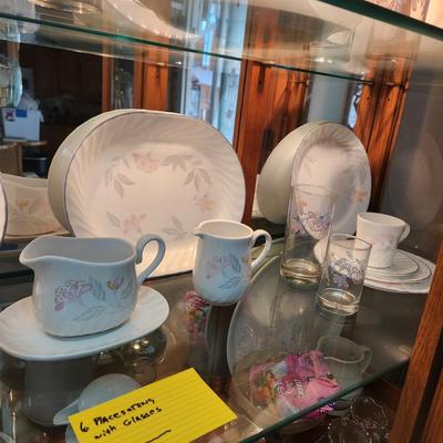46 pcs Corelle by Corning Pink Trio 5 pc Setting for 6 + Matching Glasses