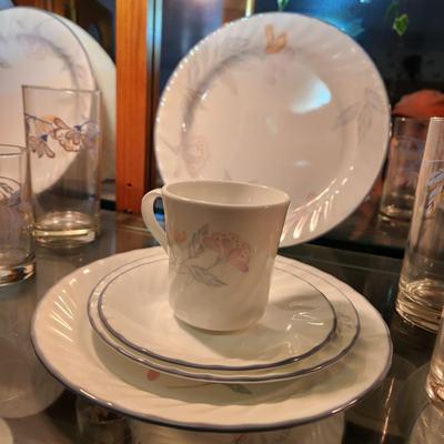 46 pcs Corelle by Corning Pink Trio 5 pc Setting for 6 + Matching Glasses