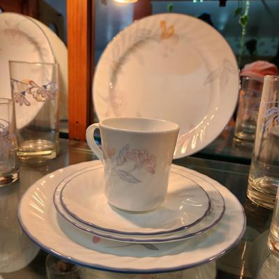 46 pcs Corelle by Corning Pink Trio 5 pc Setting for 6 + Matching Glasses