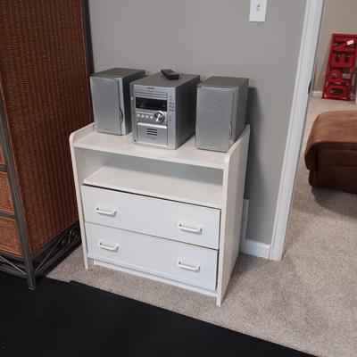 2 DRAWER CHEST & SHARP XL-HP500 MULTI CD STEREO W/CASSETTE PLAYER & REMOTE
