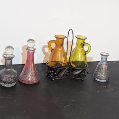 Vintage Etched Glass Perfume Bottles & Oil & Vinegar Cruet Set