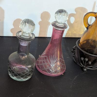Vintage Etched Glass Perfume Bottles & Oil & Vinegar Cruet Set