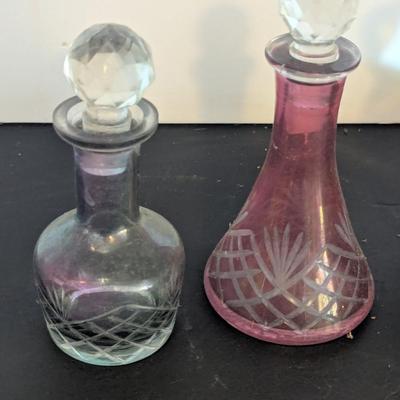 Vintage Etched Glass Perfume Bottles & Oil & Vinegar Cruet Set