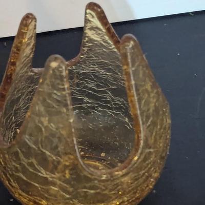Vintage Viking Glass Amber Crackle Candle Cup