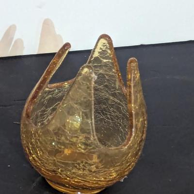 Vintage Viking Glass Amber Crackle Candle Cup