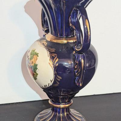 Cobalt Blue & Gold 13 1/2" Vase With 2 Handles Victorian Scene