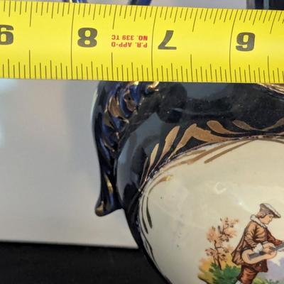 Cobalt Blue & Gold 13 1/2" Vase With 2 Handles Victorian Scene