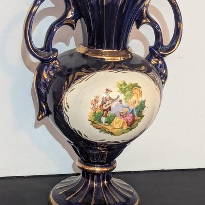 Cobalt Blue & Gold 13 1/2" Vase With 2 Handles Victorian Scene