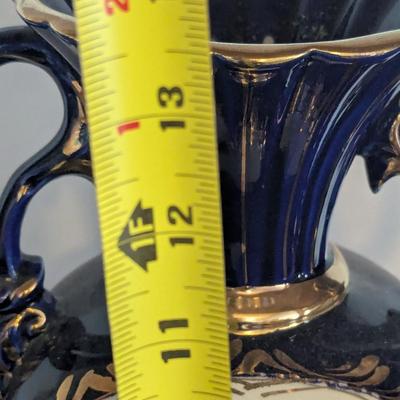 Cobalt Blue & Gold 13 1/2" Vase With 2 Handles Victorian Scene