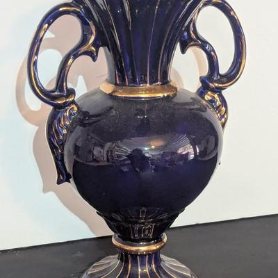 Cobalt Blue & Gold 13 1/2" Vase With 2 Handles Victorian Scene