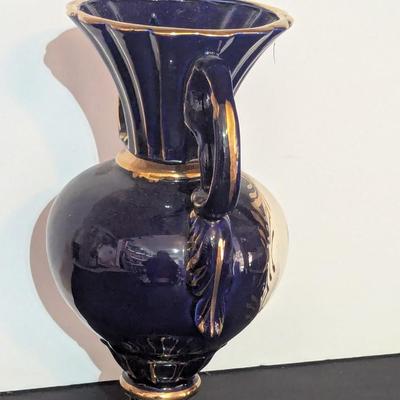 Cobalt Blue & Gold 13 1/2" Vase With 2 Handles Victorian Scene