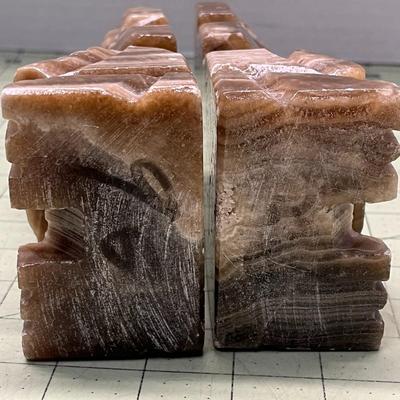 Vintage Carved Mexican Aztec Mayan Figure Onyx Stone Bookends