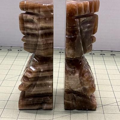 Vintage Carved Mexican Aztec Mayan Figure Onyx Stone Bookends