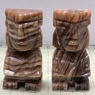 Vintage Carved Mexican Aztec Mayan Figure Onyx Stone Bookends