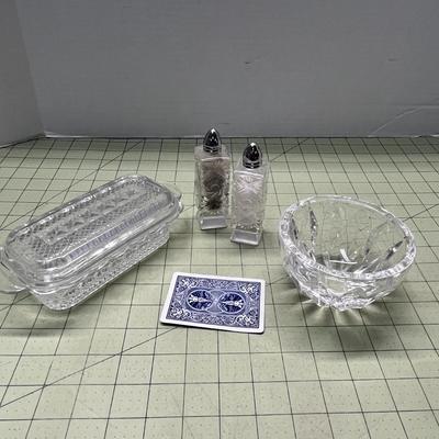 Vintage Diamond Cut Butter Dish, Salt & Pepper Shaker, and Dish