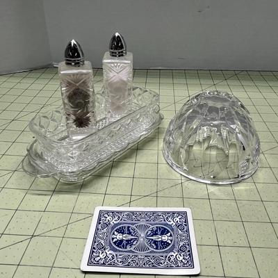 Vintage Diamond Cut Butter Dish, Salt & Pepper Shaker, and Dish