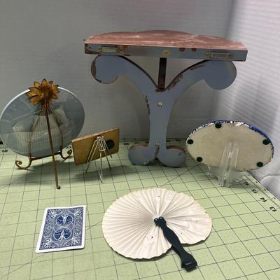 Vintage Shelf, Plates, Plate Stands, & Fan