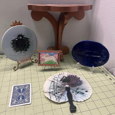 Vintage Shelf, Plates, Plate Stands, & Fan
