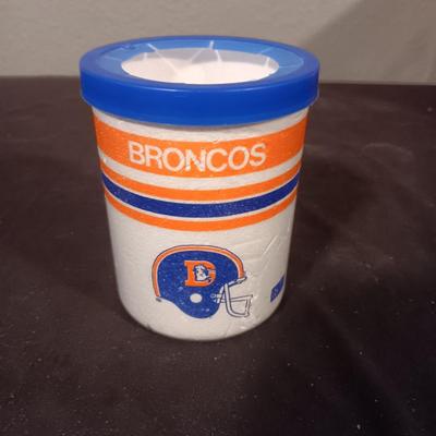 DENVER BRONCOS OLD LOGO FLAG AND STYROFOAM DRINK HOLDER