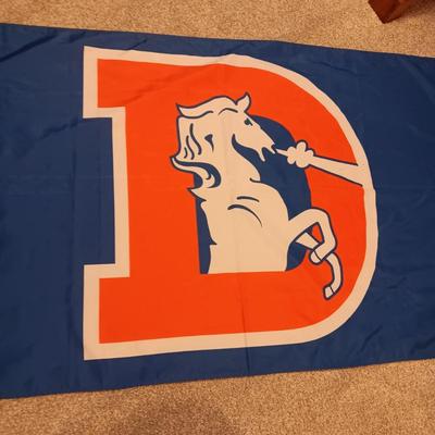 DENVER BRONCOS OLD LOGO FLAG AND STYROFOAM DRINK HOLDER