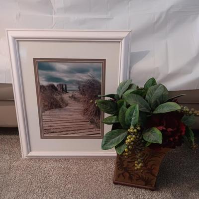 GILL COPELAND FRAMED PHOTO OF BEACH SCENE AND FAUX PLANT IN METAL VASE